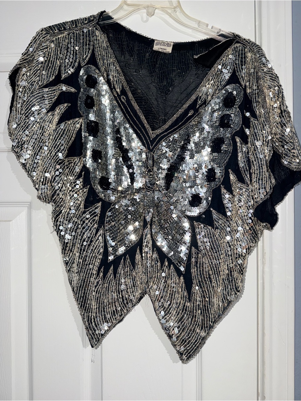 Embellished Butterfly Sequin Crop Top - Black